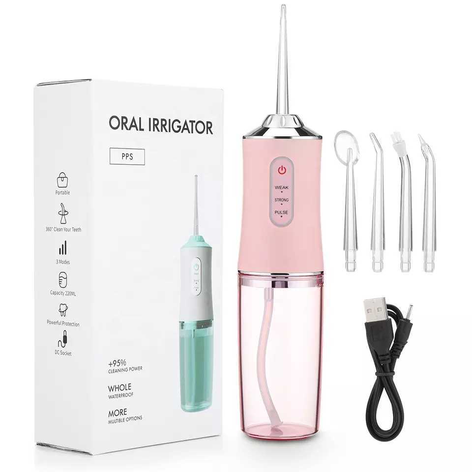 Irrigateur buccal sans fil, fil dentaire à eau, pour le nettoyage et le blanchiment des dents, 3 modes de pression, 4 pointes de Jet, étanche IPX7, 220ml, 230202