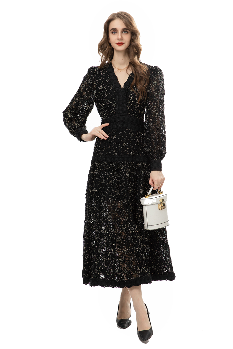 Women's Runway Dresses V Neck Long Sleeves Embroidery Lace Piping Elegant Fashion Prom Vestidos