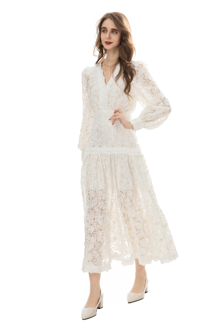 Women's Runway Dresses V Neck Long Sleeves Embroidery Lace Piping Elegant Fashion Prom Vestidos