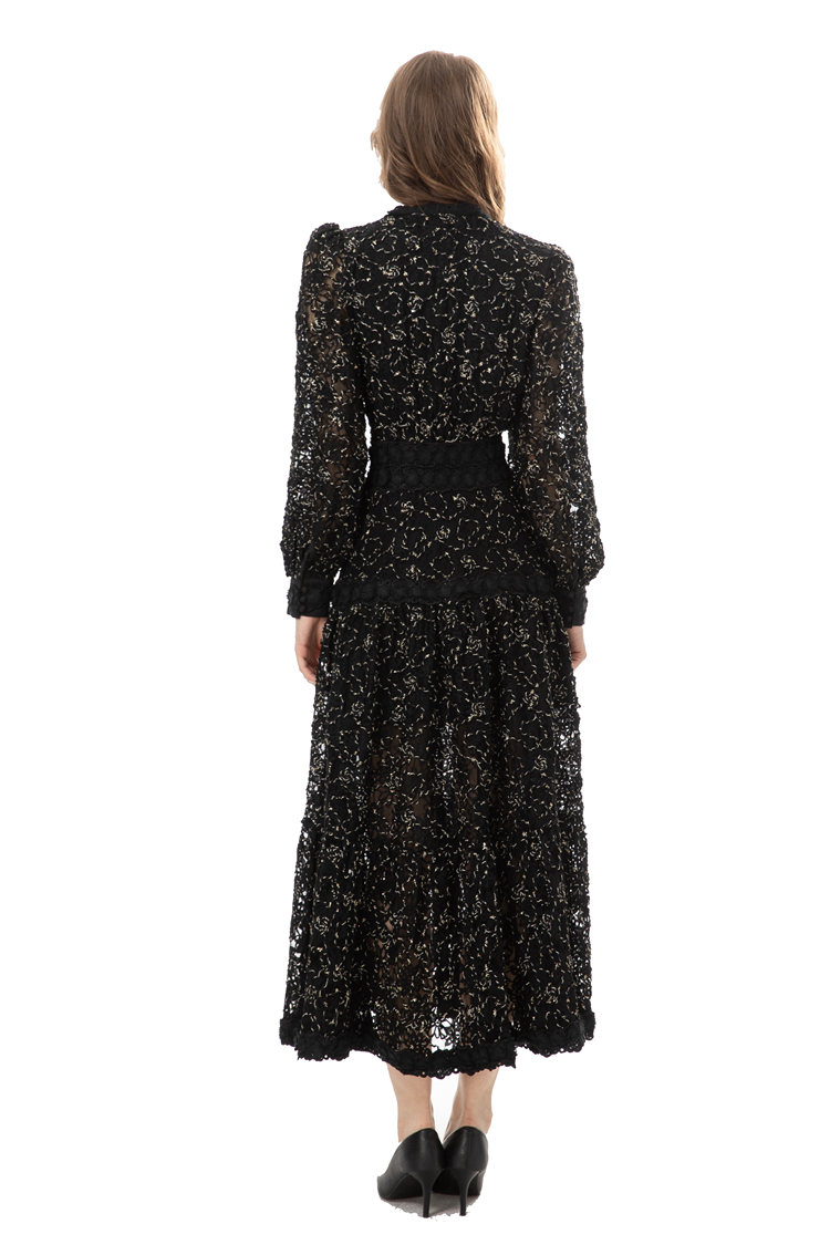 Women's Runway Dresses V Neck Long Sleeves Embroidery Lace Piping Elegant Fashion Prom Vestidos