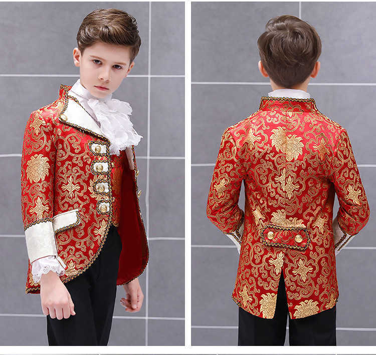 Kläder sätter pojkar retro Europeiska domstolskläder Set Child Prince Charming Drama Show Dress Suit Kids Blazer Vest Pants Collar Flower Outfit