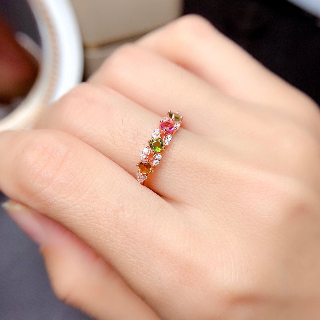 Kvinnor Wedding Ring Student Girls Sweet Imitation Colorful Tourmaline Gem Artificial Crystal 18K Rose Gold Plated Ring Party Jewelry Birthday Present justerbar