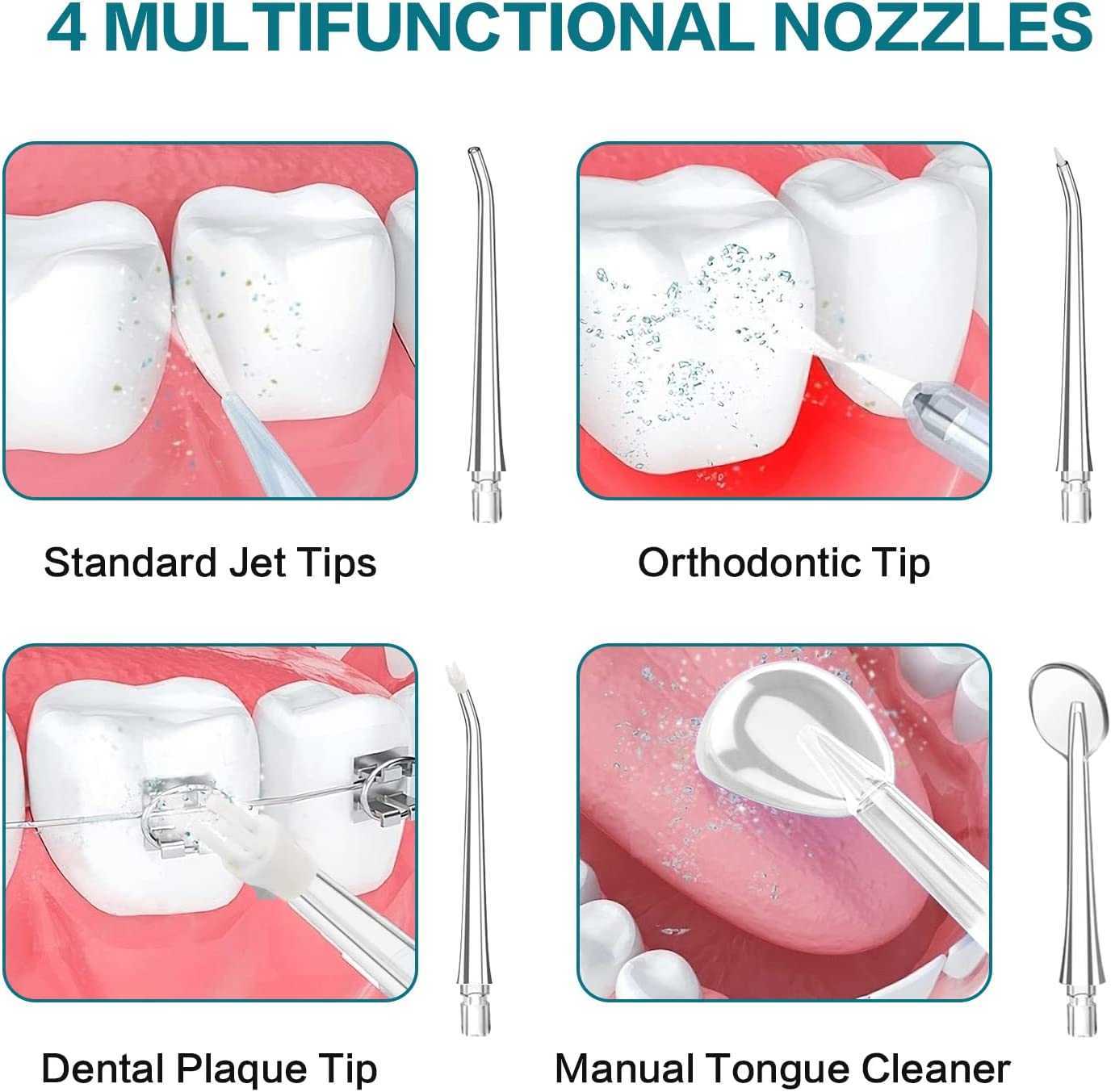 Flosser bez zębów do czyszczenia zębów, doustna doustna dentystyczna 230 ml przenośne ładowanie wodoodporne, 3 tryby i 4 końcówki odrzutowe 230202