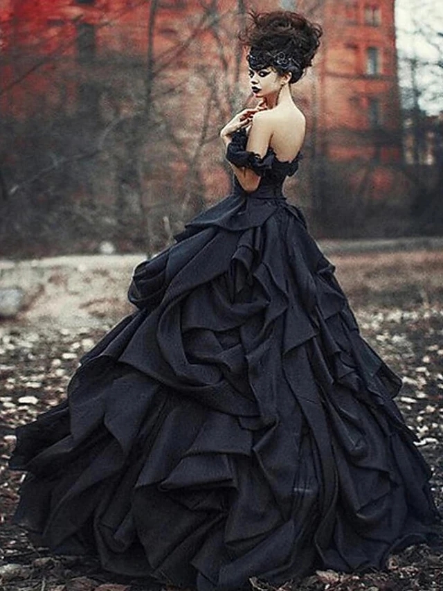 검은 고딕 A- 라인 웨딩 드레스 2023 플러스 크기 오프 어깨 계단식 주름 장식 레이스 업 코르셋 레이스 신부 드레스 마리지
