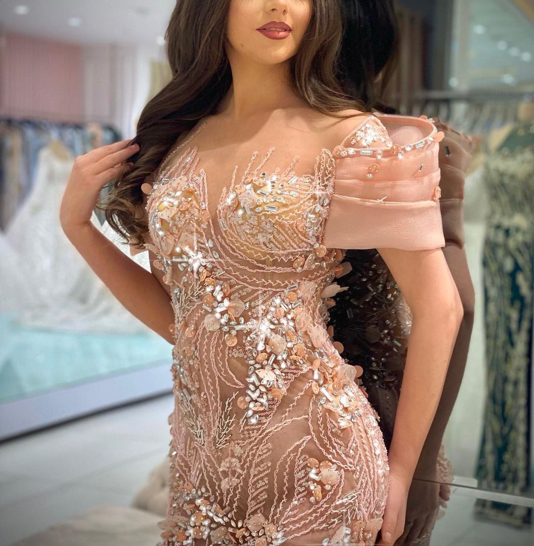 Pink Mermaid Evening Dresses Sleeveless V Neck Off Shoulder 3D Lace Beaded Appliques Sequins Floor Length Celebrity Diamonds Formal Prom Dresses Gowns Party Dress