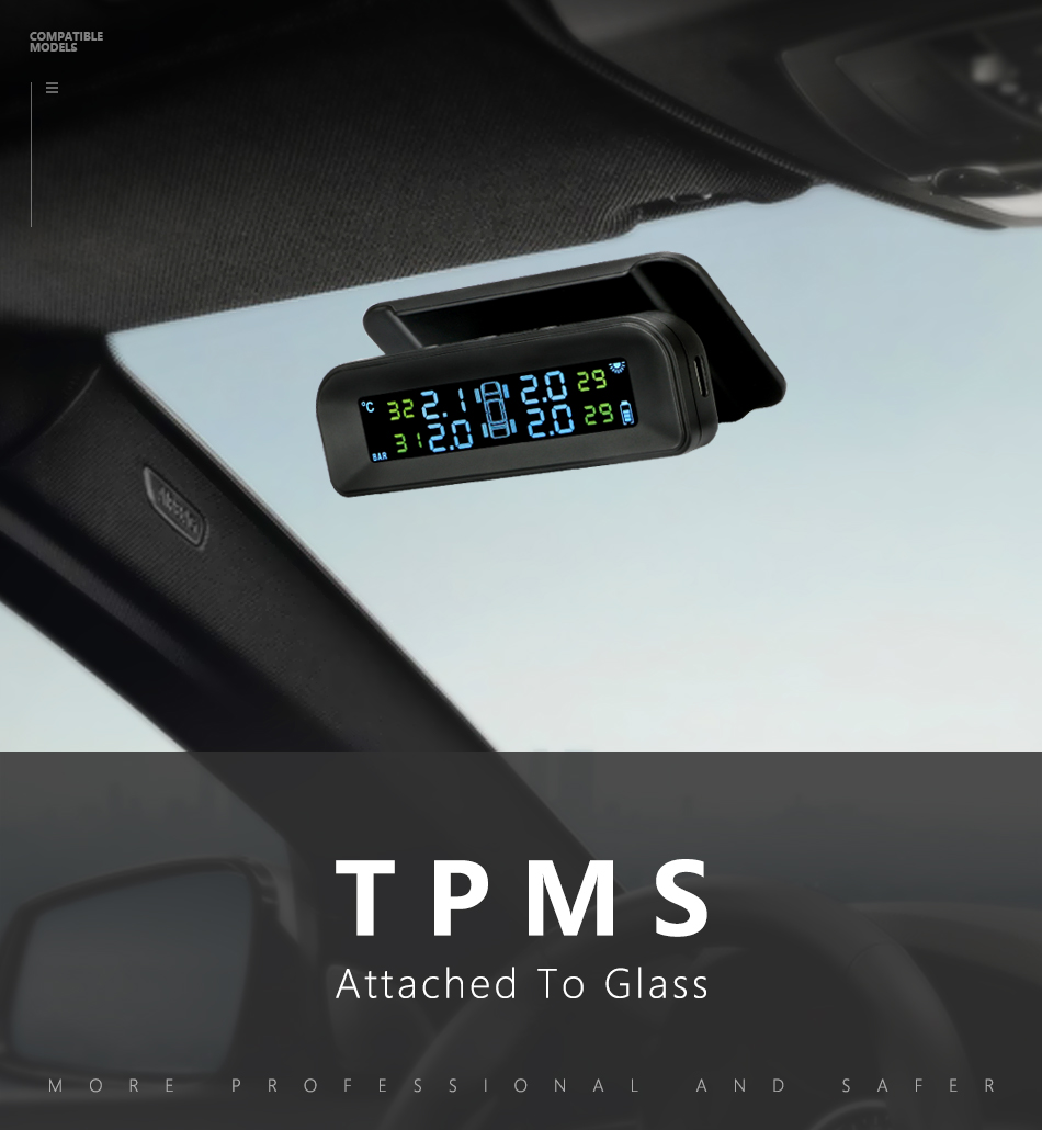 TPMS -bildäcktryck Monitor System Automatisk ljusstyrka Kontroll fäst vid Glass Wireless Solar Power TPMs med 4 sensorer