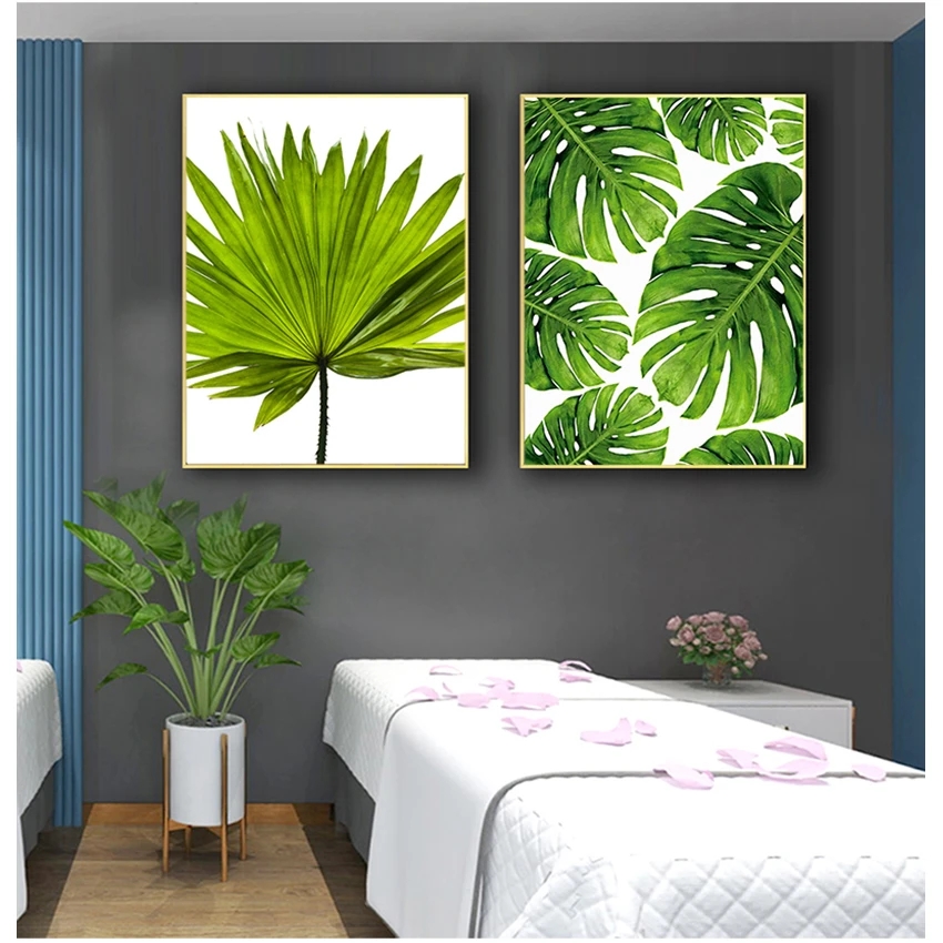 Dipinti Verde Immagine della parete Decorazione della stanza Foglia di banana tropicale Quadro su tela Foglie di palma fresche Pianta verde nordica Woo