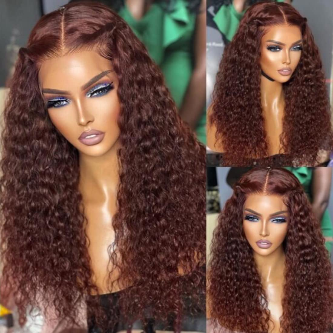 Water Wave Reddish Brown Lace Front Wigs Human Human Cabelo 130% de densidade pré -arrancada com cabelos bebês molhado ang ondulário de cobre de cobre sem glueless perucas para mulheres