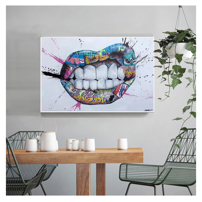 Malerei Straße Kuss Poster und Drucke Wand Kunst Bild für Wohnzimmer Schlafzimmer Zeigen Zähne Lippen Graffiti Kunst Woo