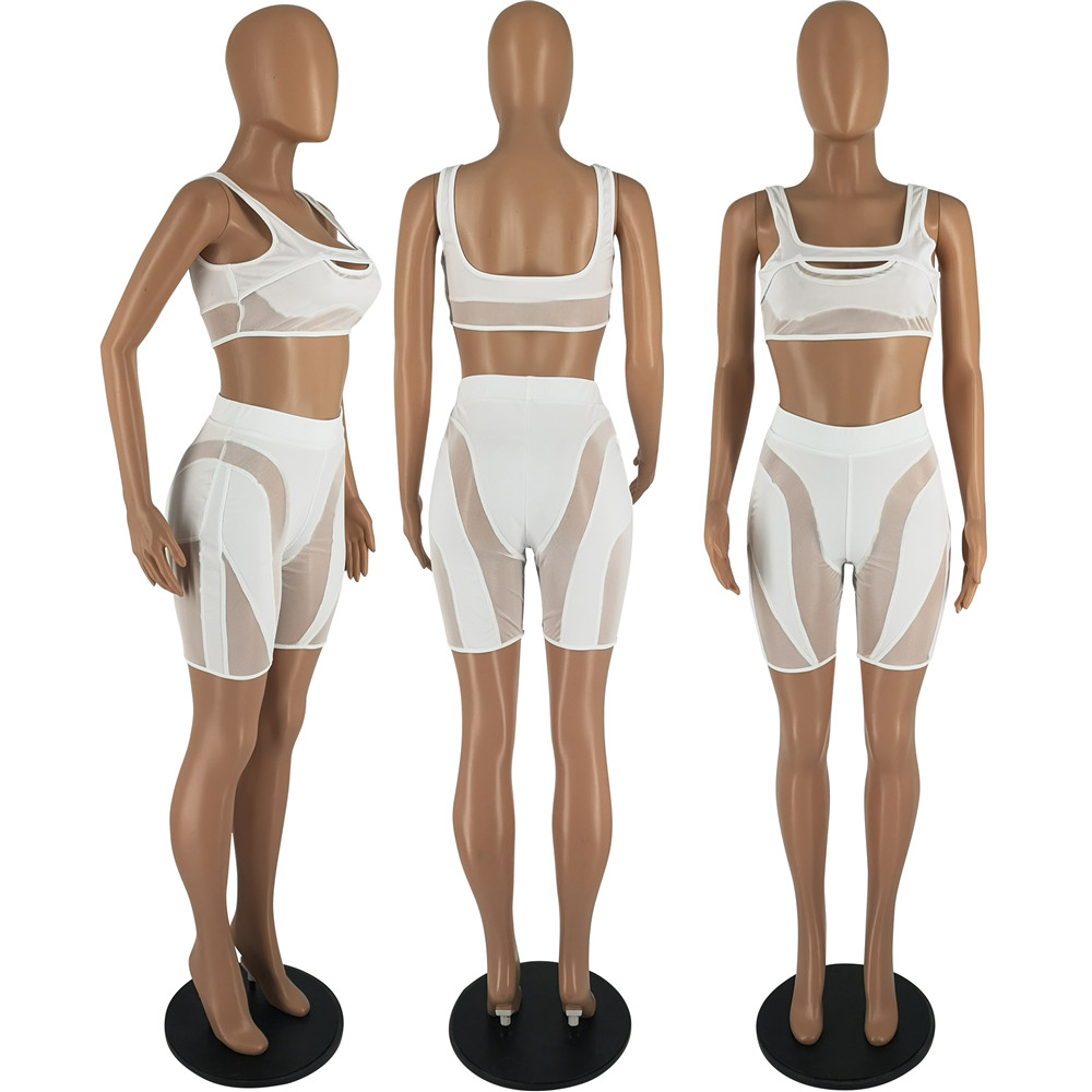 2023 Designer de verão agasalhos femininos roupas de malha conjunto de duas peças sexy regata e shorts moletons roupas esportivas transparentes roupas itens de atacado 9312