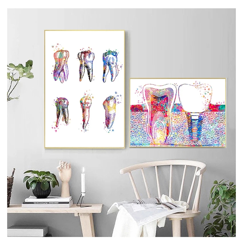 Canvas tryck tandl￤kare v￤ggkonst m￥lning Medicin hygienist affisch tand akvarell klinik dekor tandkonst bild tandimplantat woo