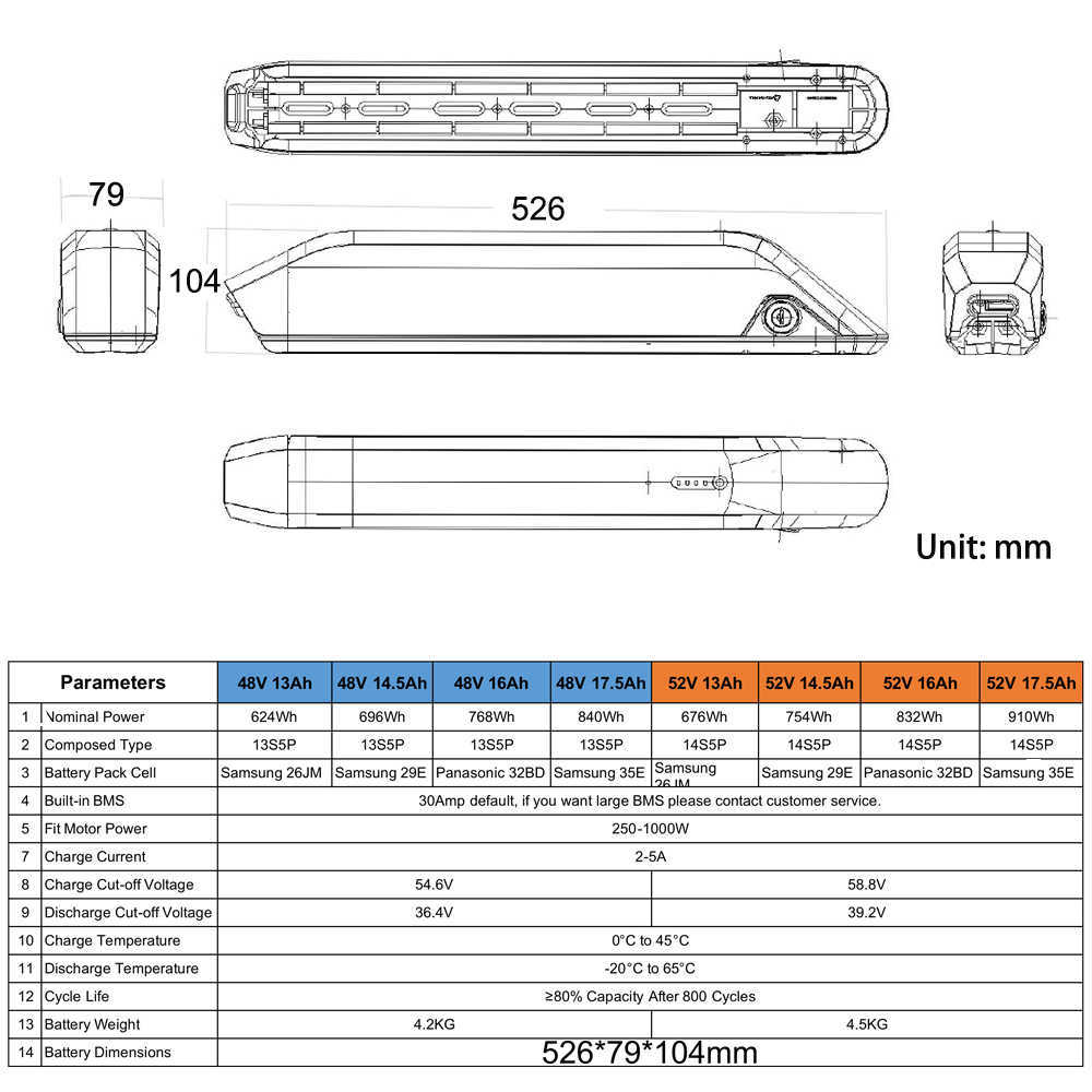 Reention Kirin Ebike Battery Pack 48V 52V 17.5AH 750W 1000W SIDA RELEASE Electric Bicycle Litium Ion Batterier