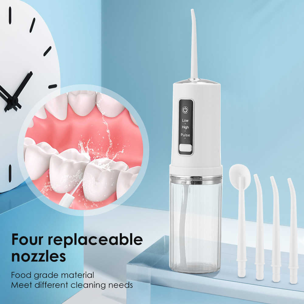 Electric Oral Dental Irrigator Portable Water Flosser USB Rechargeable IPX7 Waterproof 230ML 3 Modes Water Jet Tip Teeth Cleaner 230202