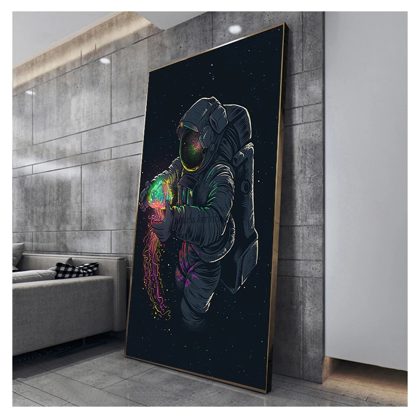 In Space Canvas Painting Poster e stampe Modern Wall Art Pictures Cuadros for Living Room Fun Art Astronauta che gioca a Medusa Woo