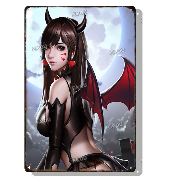 Sexy Anime Girl Metal Painting Plate Game Figure Vintage Tin Sign Bar Club Art Decorative Plaques for Modern Home Room Wall Decor Poster Girl Sticker Size 30X20cm w01