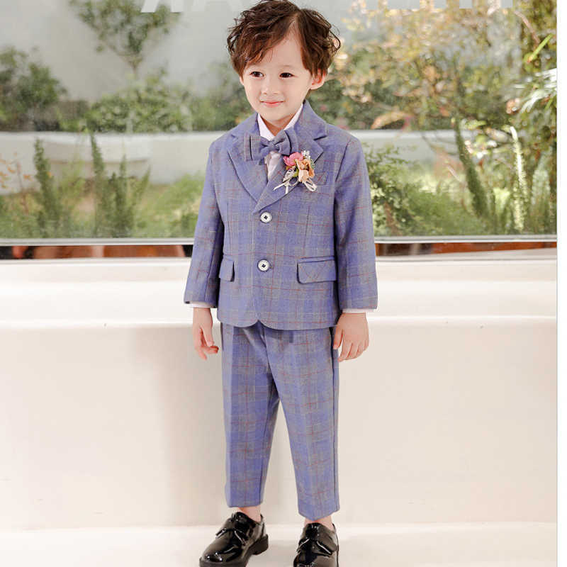 Roupas Conjuntos de roupas de traje de xadrez formal infantil de outono Winter Boys Wedding Party Piano Host Come Kids Blazer Vest Pant Bowtie W0222