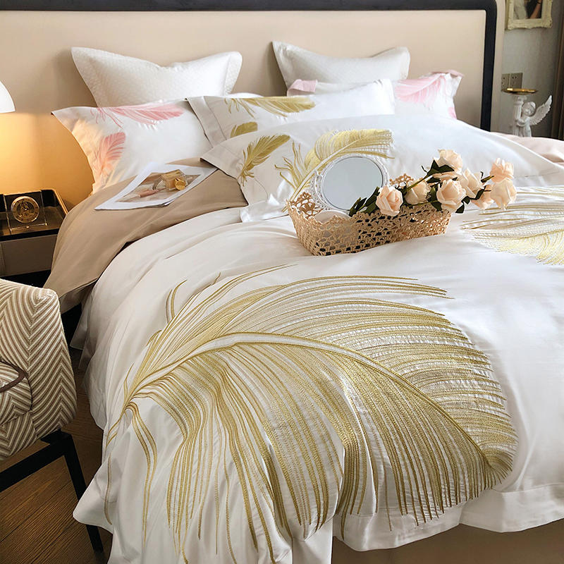 Gold Feather Embroidery Bedding Set Luxury White Egyptian Cotton QuiltDuvet Cover Set Bed Sheet Linen Pillow Shams Bedclothes Hom6032558