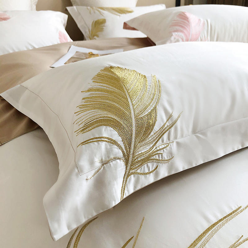 Комплект постельного белья с вышивкой золотыми перьями, роскошный белый пододеяльник из египетского хлопка, комплект пододеяльников, простыня, льняная подушка, постельное белье Hom351h