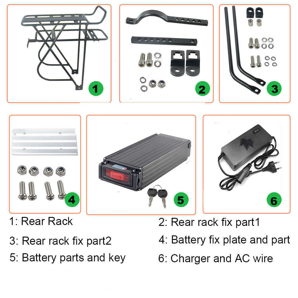 Achterrek Ebike batterij Pack 36V 48V 15AH 20AH 25AH 30AH 18650 Lithium Ion Electric Bicycle Battery met laag bagage achterlicht