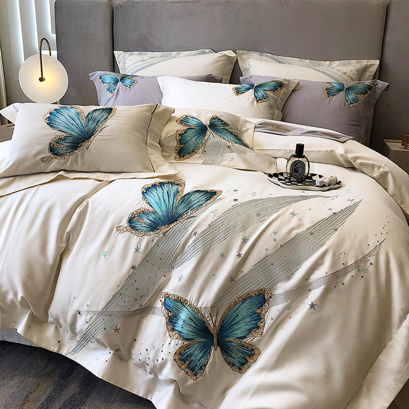 Set di biancheria da letto con ricamo farfalla blu di lusso bianco 1000TC cotone egiziano copripiumino super morbido lenzuolo federe tessili la casa King Queen Siz