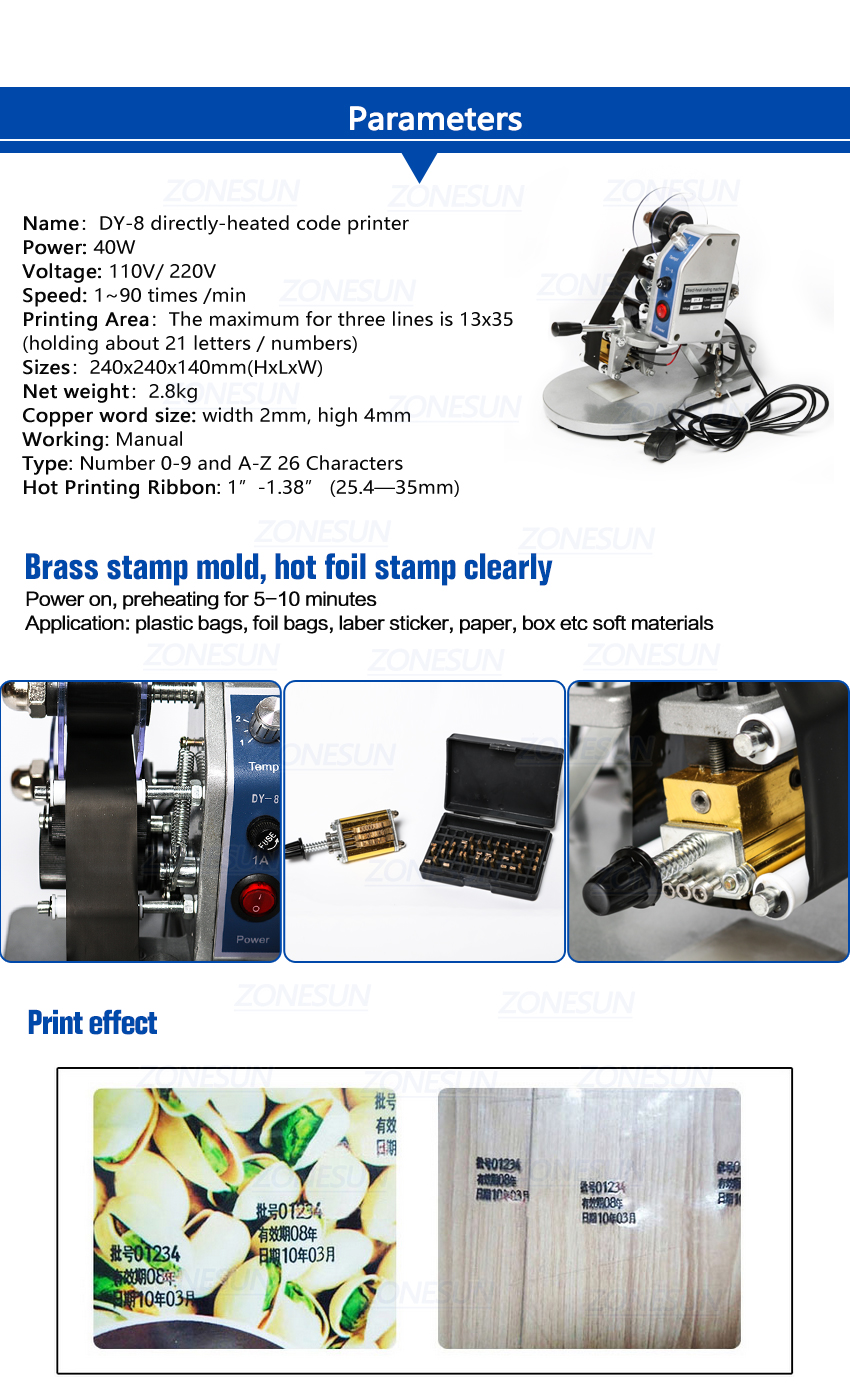 ZONESUN Date Coding Machine Batch Serial Number Printer Manual Expiry Production Date Coder Stamp Flat Surface ZS-DY8