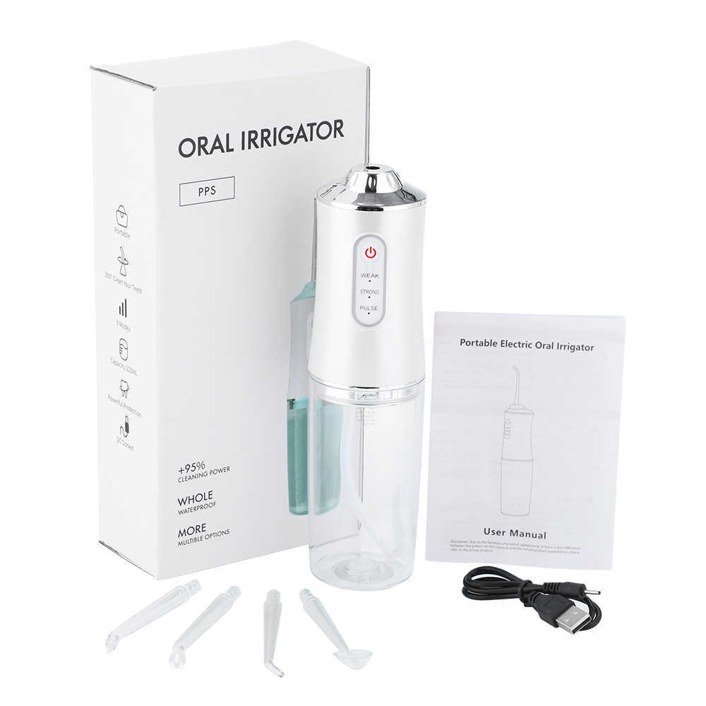 Munddusche, tragbare Dental-Wasserflosser, wiederaufladbarer USB-Wasserstrahl, Zahnseide, Zahnstocher, 4 Düsenspitzen, 220 ml, 3 Modi, IPX7, 1400 U/min, 230202