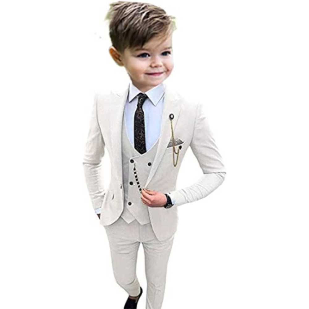 Kläder sätter en knapp pojkar tuxedos topp lapel formell kostym blazer västbyxor set pojkes kostym för bröllop 3 bit w0222