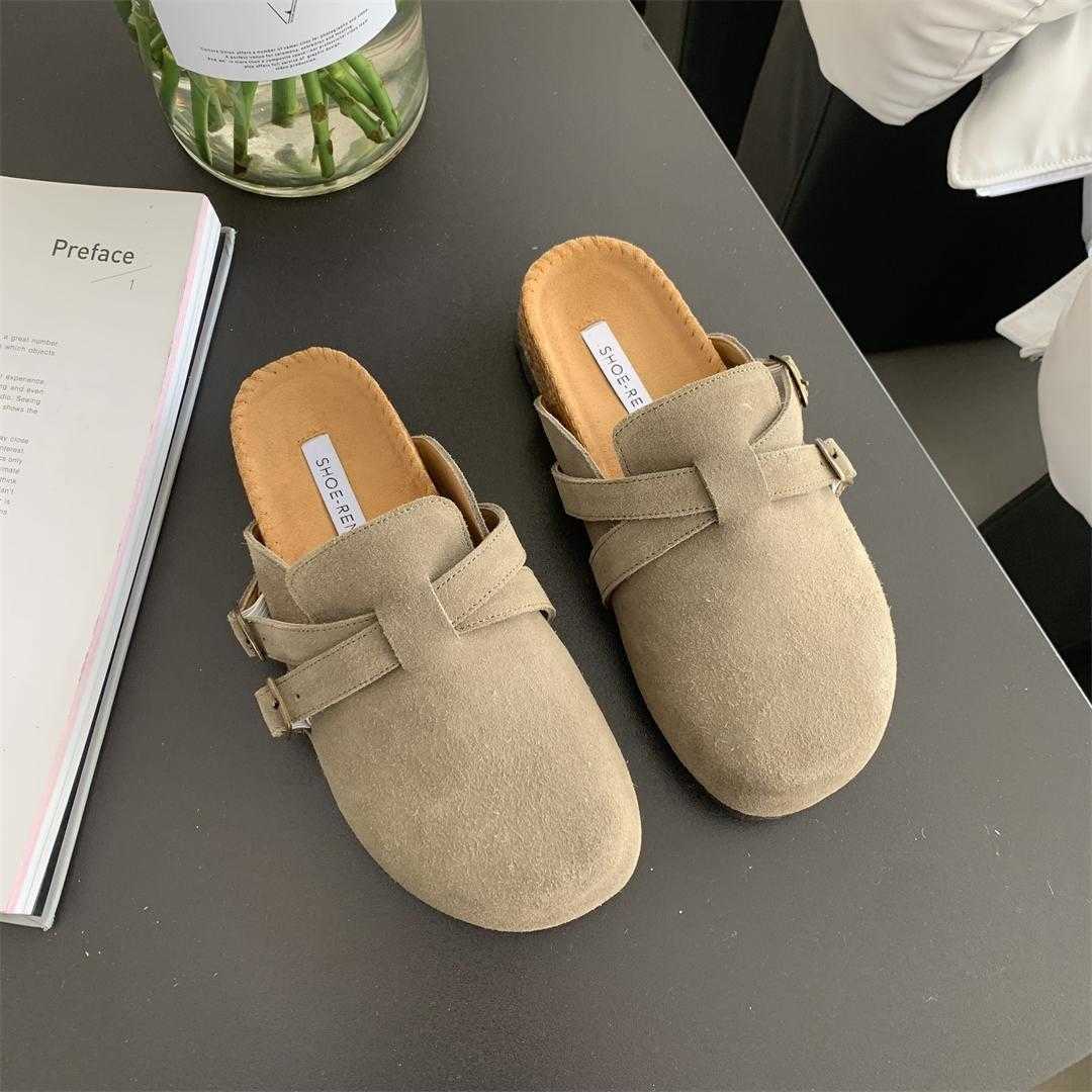 Designer BirkinStock Slippers outlet Novos sapatos de couro Bucken em primavera Fossa Cross Band semi-reboque da cabeça redonda Slippers planos femininos femininos