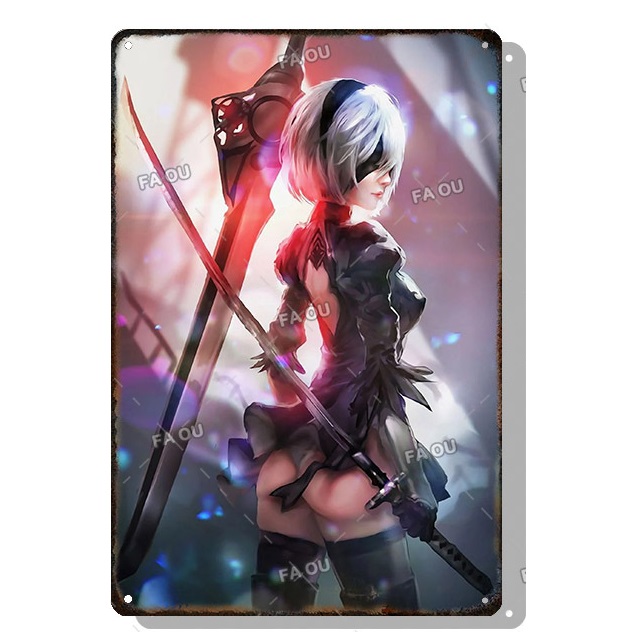 Sexy Anime Girl Metal Painting Plate Game Figure Vintage Tin Sign Bar Club Art Decorative Plaques for Modern Home Room Wall Decor Poster Girl Sticker Size 30X20cm w01