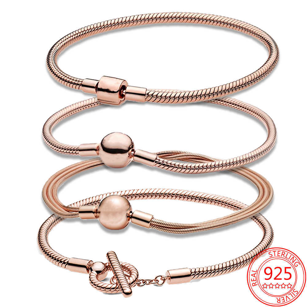 Link Chain % Real 925 Sterling Silver Rose Gold Romantic Moment Snake Chain Basic Chain Charm Bracelet Girl Birthday Fashion Gift G230222