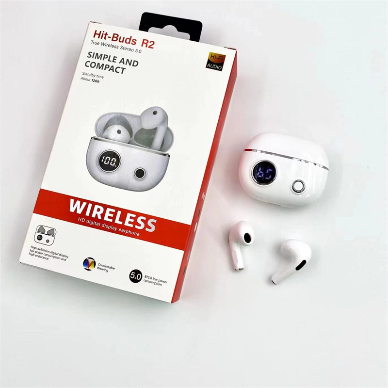 R2 TWS TRUE sem fio Bluetooth fones de ouvido LED Bateria de bateria digital Exibir m￺sica esportes Earphones com Mic Touch fone de ouvido para Android iOS