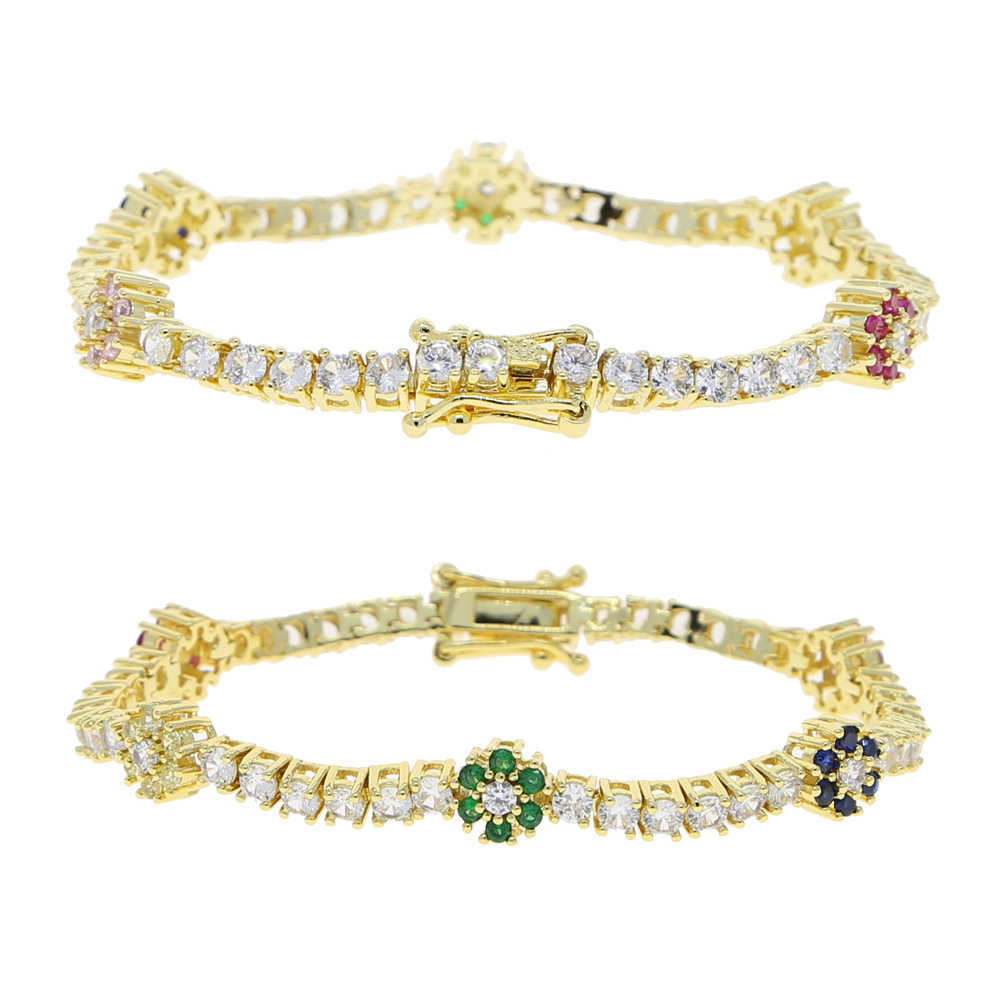 Cadeia de link atacado de 3 mm de tênis cz pulseira de corrente com pulseira colorida de tênis de flores pavimentadas CZ para mulheres jóias de casamento g230222
