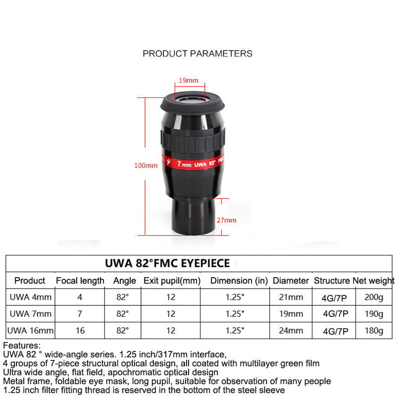 Супер широкий угол 82 градусов окуляр 1,25 'Астрономический телескоп 7 мм