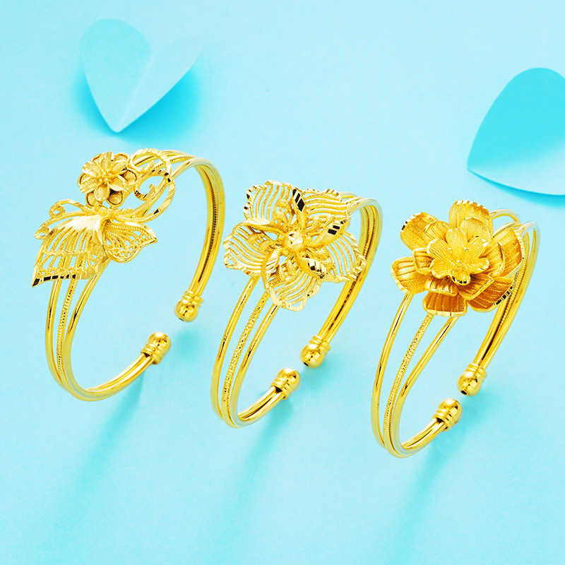 Link Chain Exquisite Hand Made Carving Flower Shape Cuff Bangle Bracelet for Women Pure 24K Gold Open Bracelet Fashion Jewelry Wholesale G230222