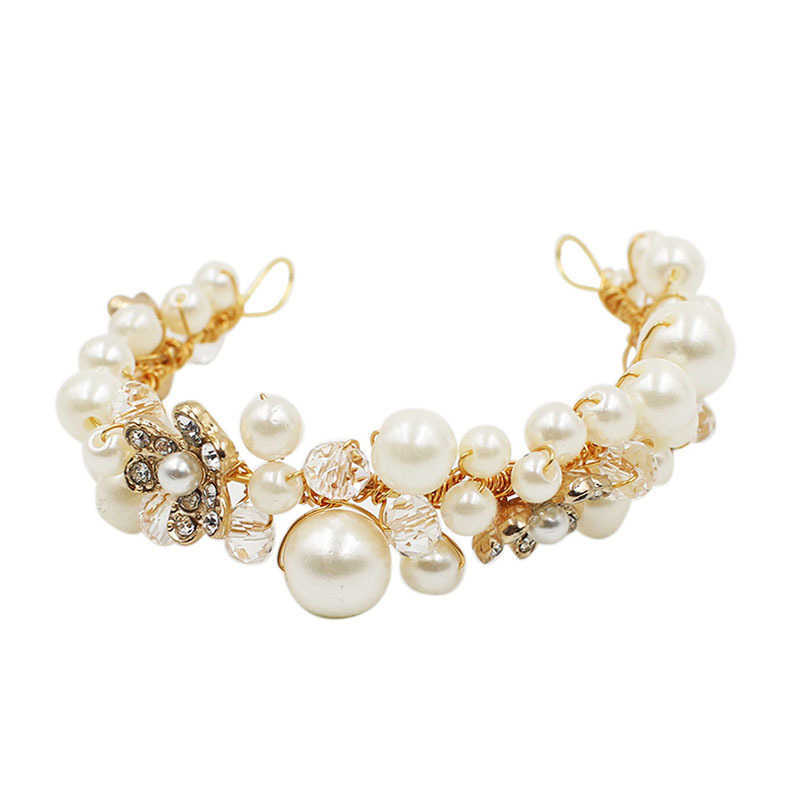Länkkedja mode pärlor brud armband handgjorda guldfärg blommor kvinnor arm armband bröllop festtillbehör smycken G230222