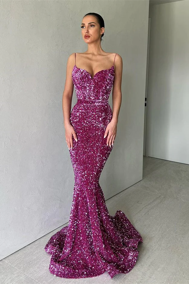 Glamorous Plus Size Mermaid Evening Dresses Spaghetti Straps Sequined Sweetheart Pleats Floor Length Formal Wear Celebrity Birthday Special Occasion Prom Dress