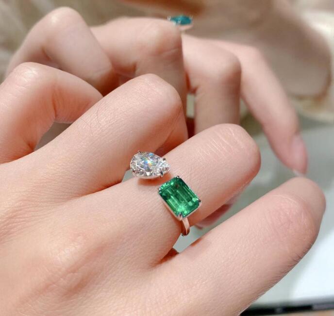 Ins Fashion Jewelry Wedding Rings 925 Sterling Silver Water Drop Emerald CZ Diamond Gemstones Party Eternity Women Open Adjusable Ring Gfit