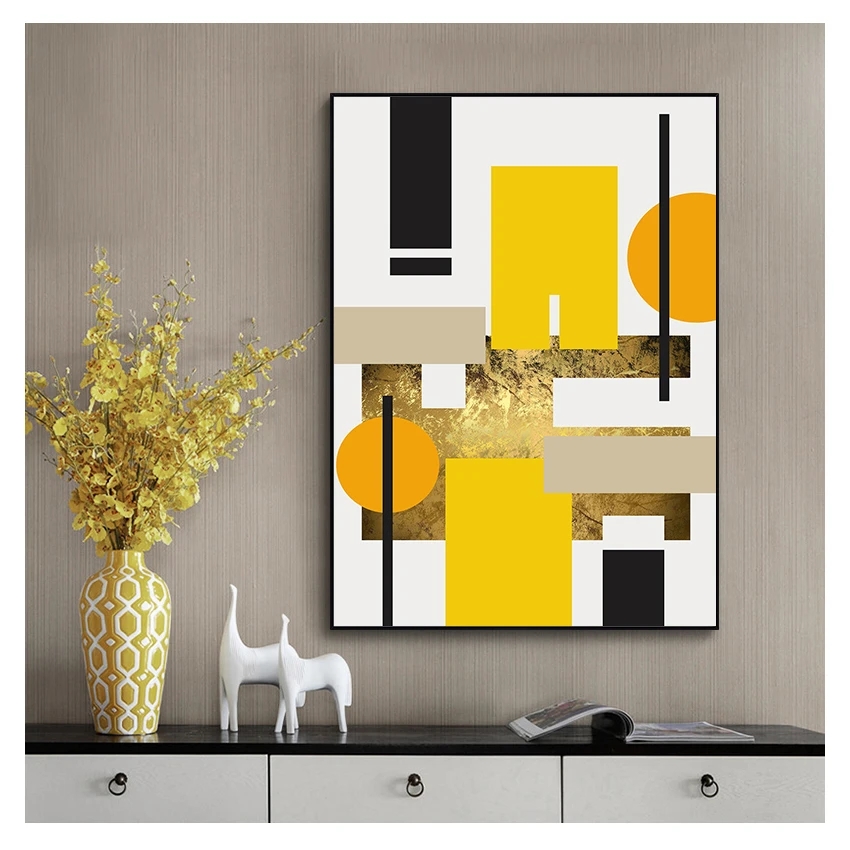 リビングルームの装飾ポスターのアート写真モダンノルディックデコレーションホームキャンバス絵画幾何学的黄色の抽象的な壁woo