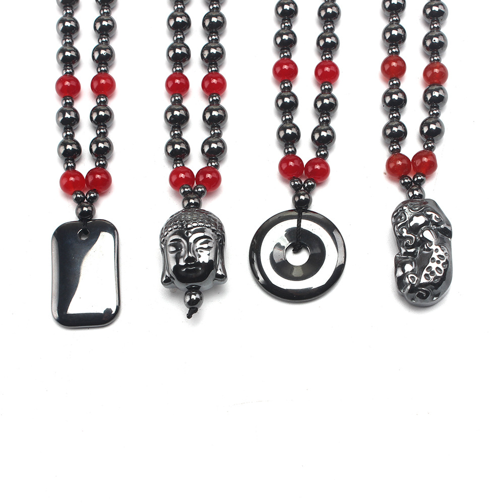 Red agate Natural Stone No Magnetic Black Gallstone Terahertz Energy Health Buddha Necklace 