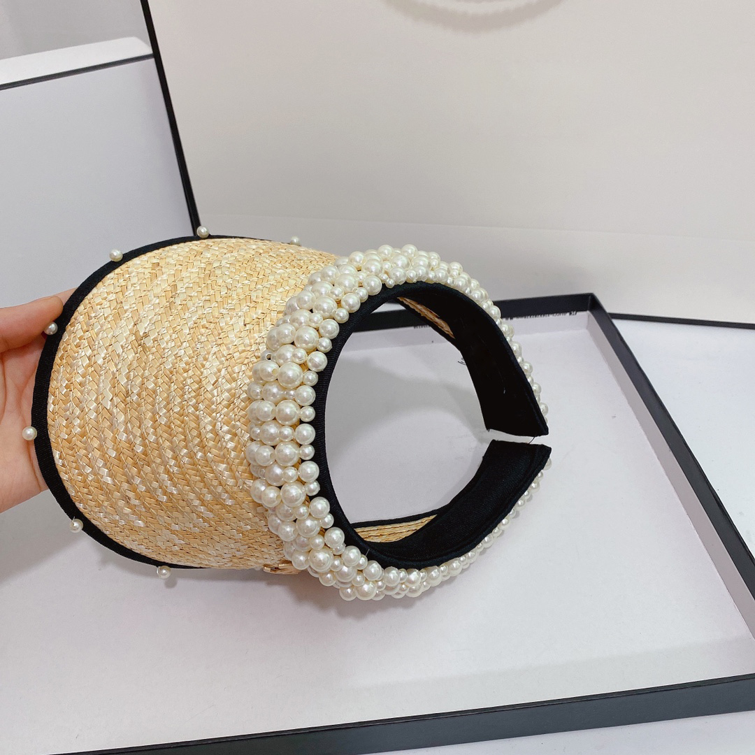 Women luxury pearl designer Visors leisure holiday travel straw weaving hat