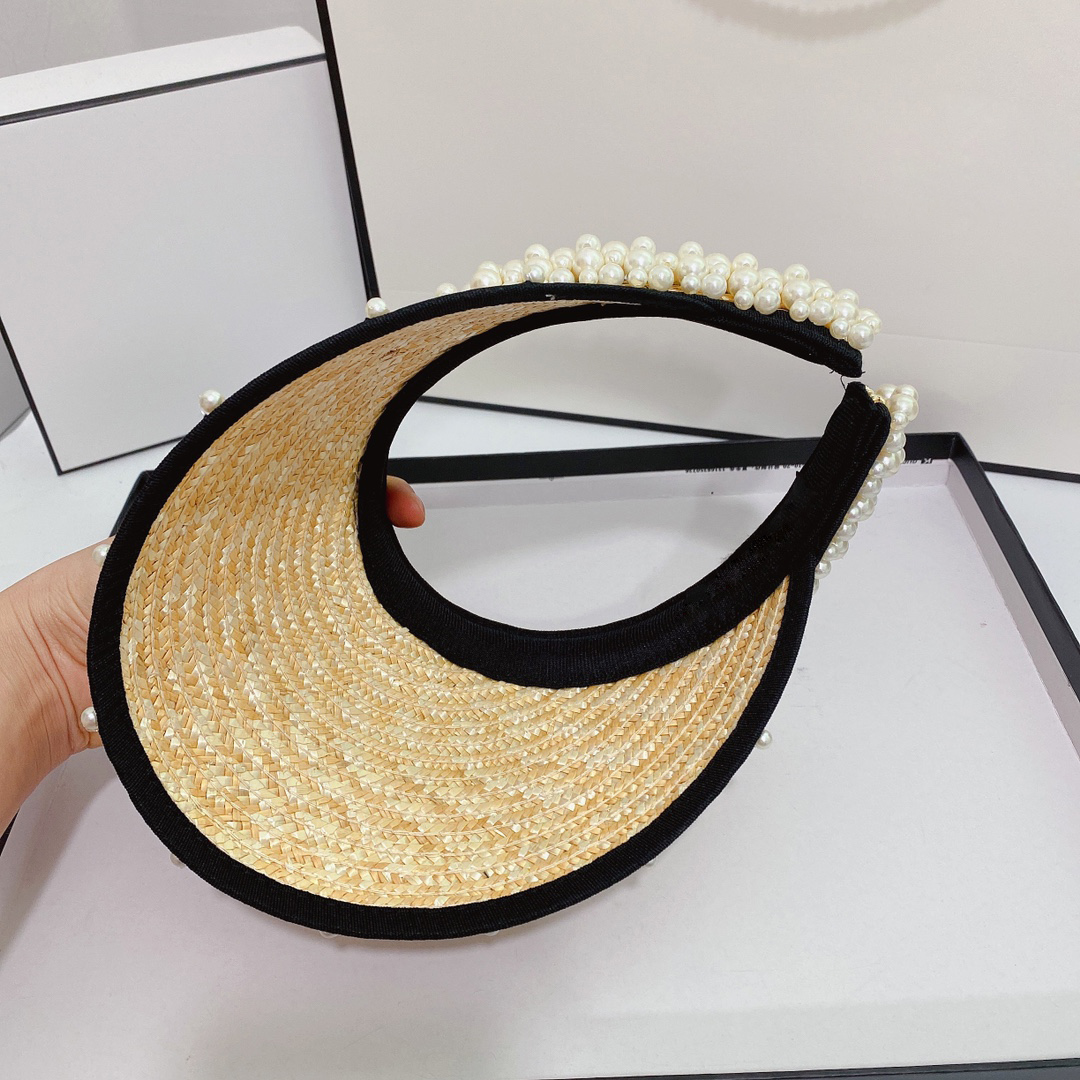 Women luxury pearl designer Visors leisure holiday travel straw weaving hat