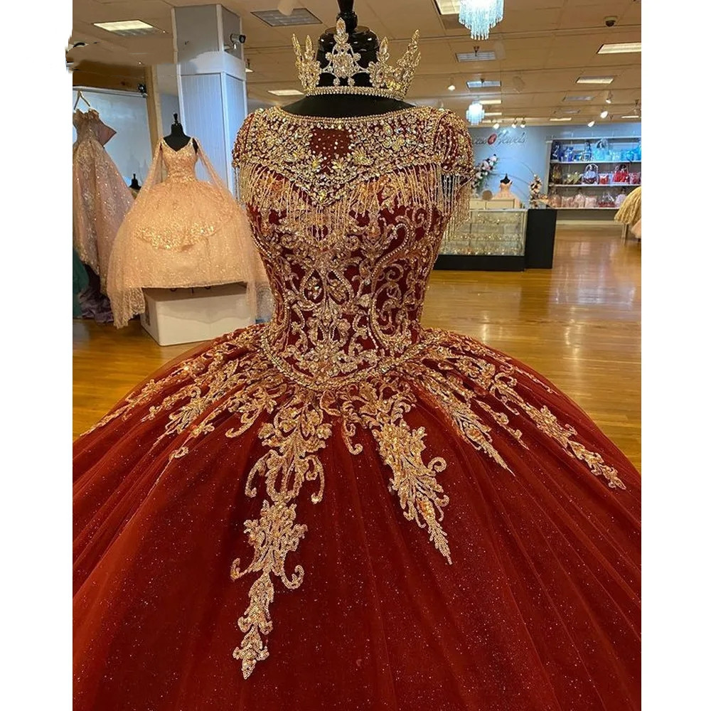 Princess Red Tulle Ball Gown Quinceanera Dresses 2023 Gold Lace Appliques Corset Prom Party Gowns Vestido De 15 Anos