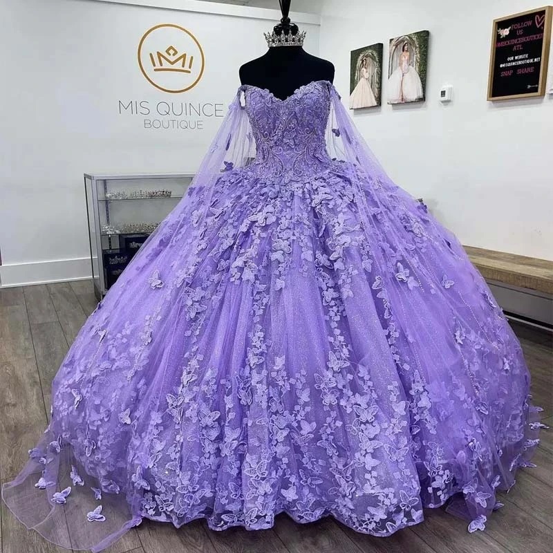 Lilás lavanda borboleta quinceanera vestidos com capa de renda apliques doce 16 vestido mexicano vestidos de baile 2024 vestidos de xv anos