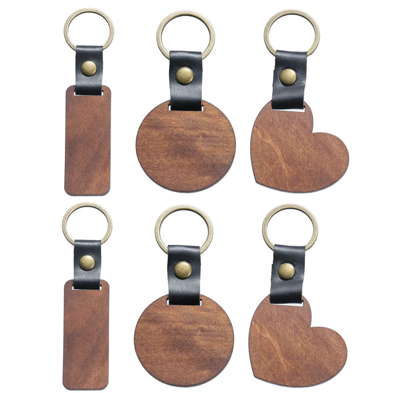 Keychains Lanyards Diy Wooden Keychain Blank Carved Leather Wood Pendant Decorative Heart Round Key Chain Keyring