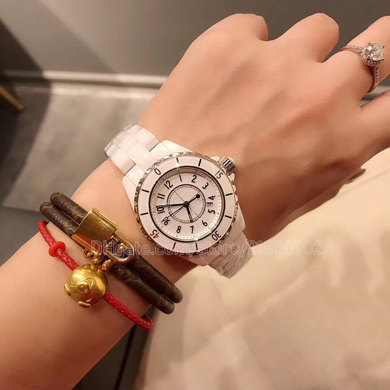 Quartz lday montres 38mm noir céramique usine diamants cadran blanc montre femme h2125 33mm femmes fashional designer montre-bracelet sap279I