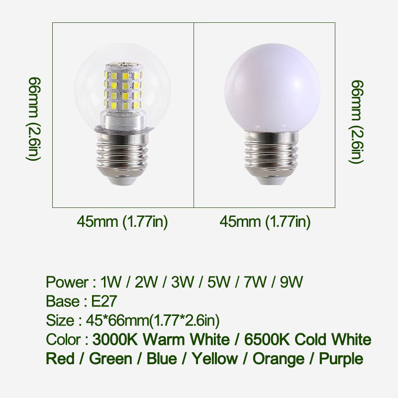 LED 전구 1W 2W 3W 5W 7W 9W G45 Dimmable Vintage LED 필라멘트 램프 E26 E26 기본 골동품 가벼운 따뜻한 흰색 2700K AC110V-130V USALIGHT
