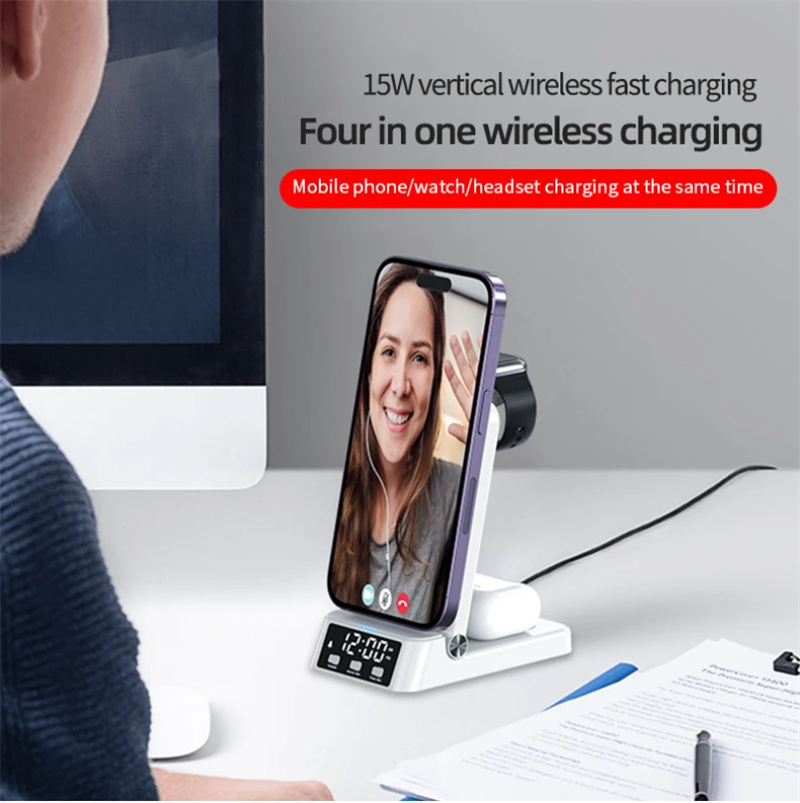 Wecker Qi Wireless Ladegerät Klappständer Pad Schnellladung für iPhone 14 13 Airpods Samsung S23 S22 Z Flip 4 MIX4 iwatch für Apple Watch 8 7 SE