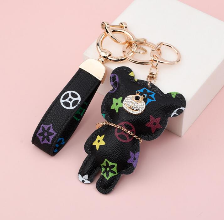Cute Fashion bear Print Pattern PU leather Key Rings keychains Car Accessories Bag Key Ring Lanyard Key Wallet Chain Rope Chain set