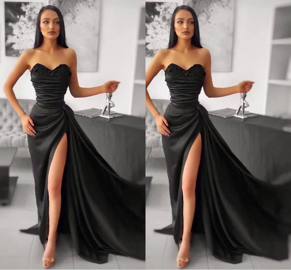 Sexy Black Mermaid Prom Dresses for Women Plus Size Sweetheart Draped Applique Pleats High Side Split Floor Length Aso Ebi Formal Evening Pageant Gowns Custom