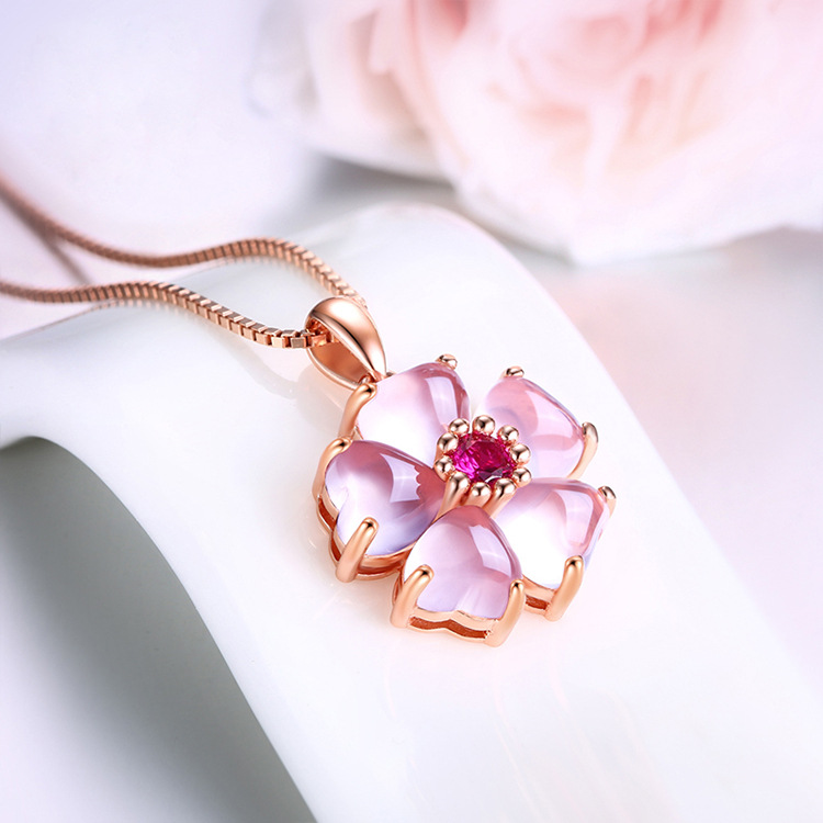 Girl Pendant Necklaces students sweet pink zircon crystal flower pendant rose gold plated sweet necklace women wedding birthday party jewelry gift fashion Jewelry